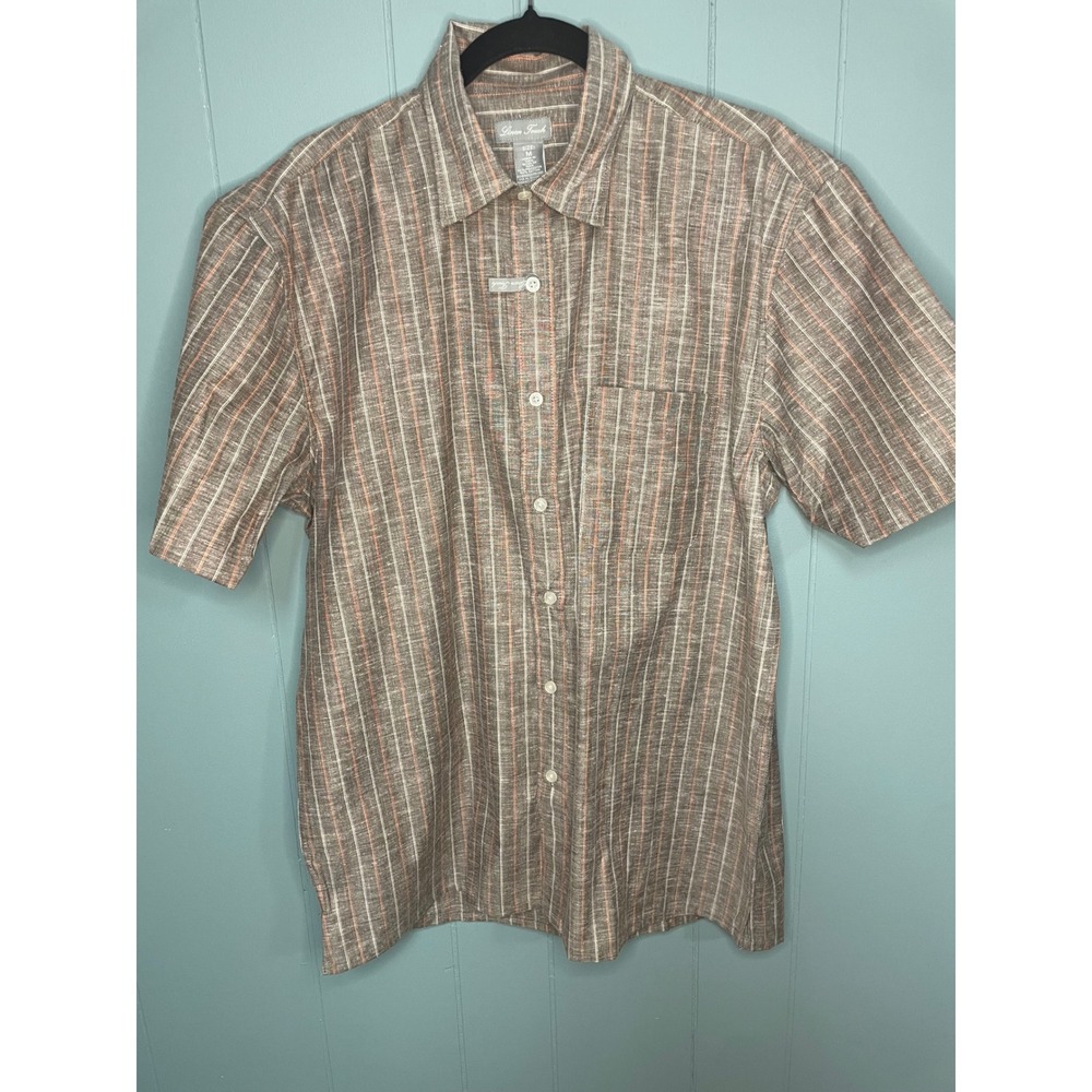 Linen Touch Button Down Shirt Mens Medium Brown Striped Short Sleeve Excellent